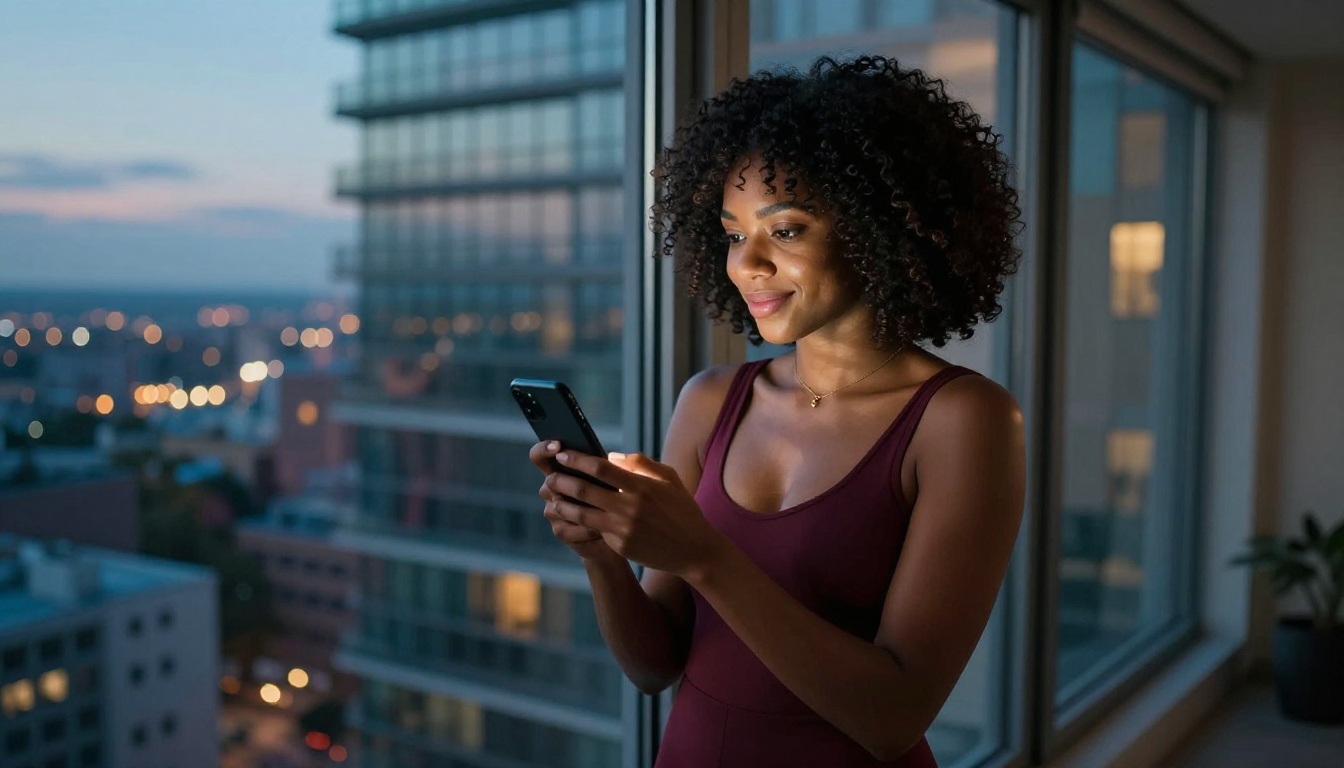 An African American woman at a window at dusk, looking at her phone with a knowing smile