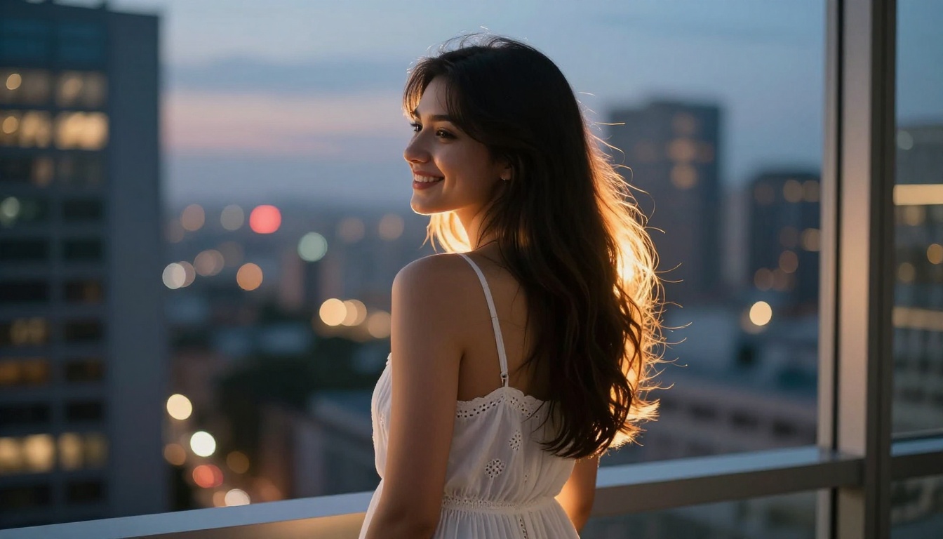 Woman in a white sundress looking over her shoulder with a playful smile, golden dusk light and city lights bokeh behind her