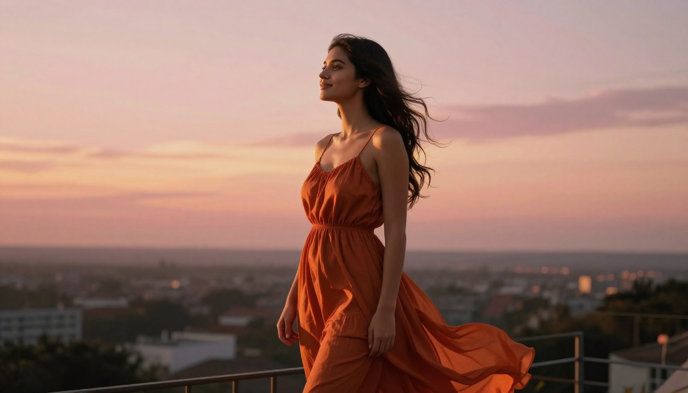 Latina woman on sunset balcony in rust sundress golden hour light