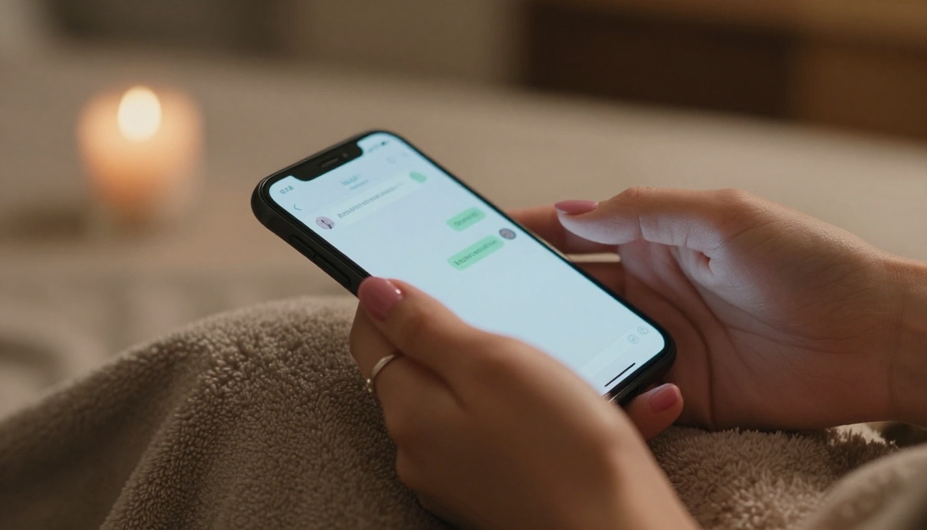 Two elegant hands holding a glowing smartphone over a cashmere blanket, candlelight bokeh
