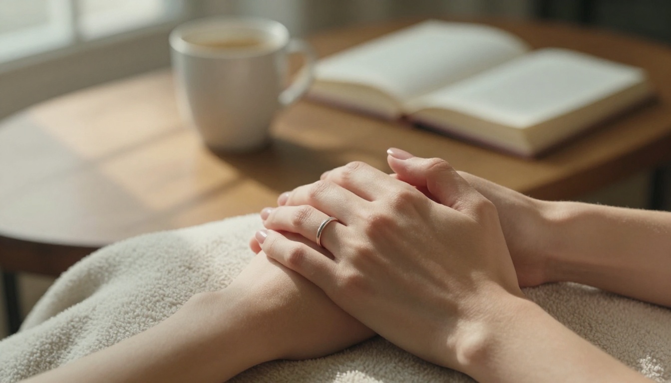 Intimate close-up of two hands intertwined on a cashmere blanket with afternoon light