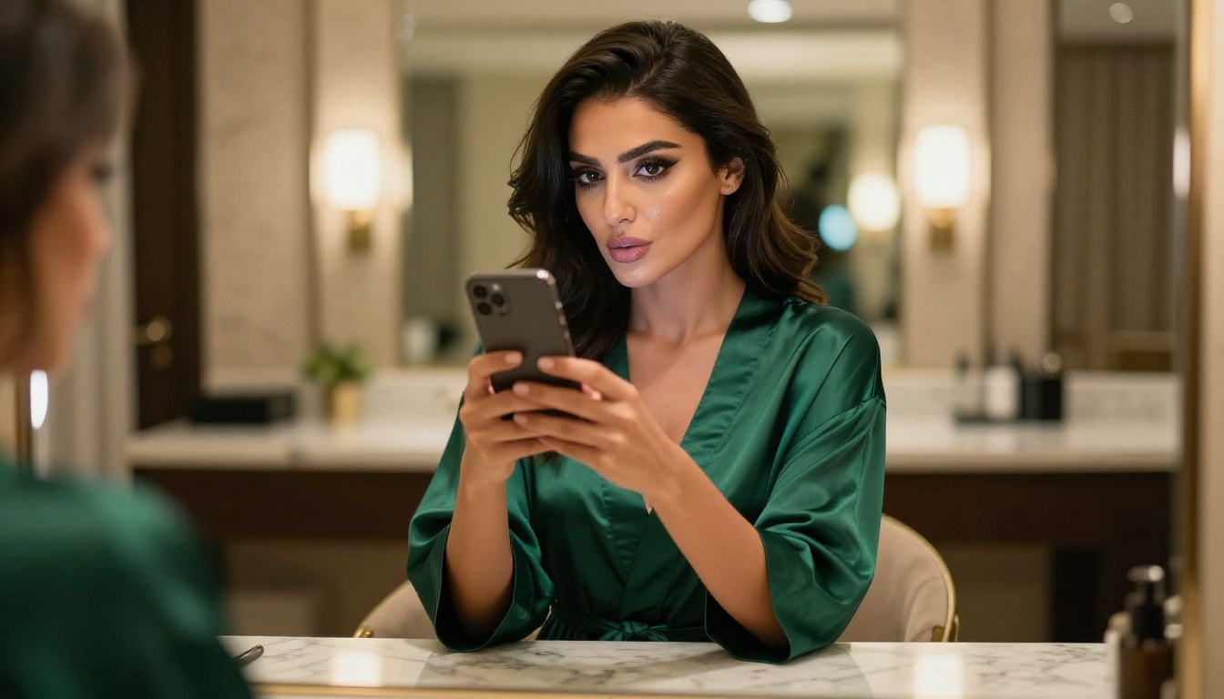 A Middle Eastern woman at a vanity mirror in a luxury hotel, emerald silk robe, playful expression