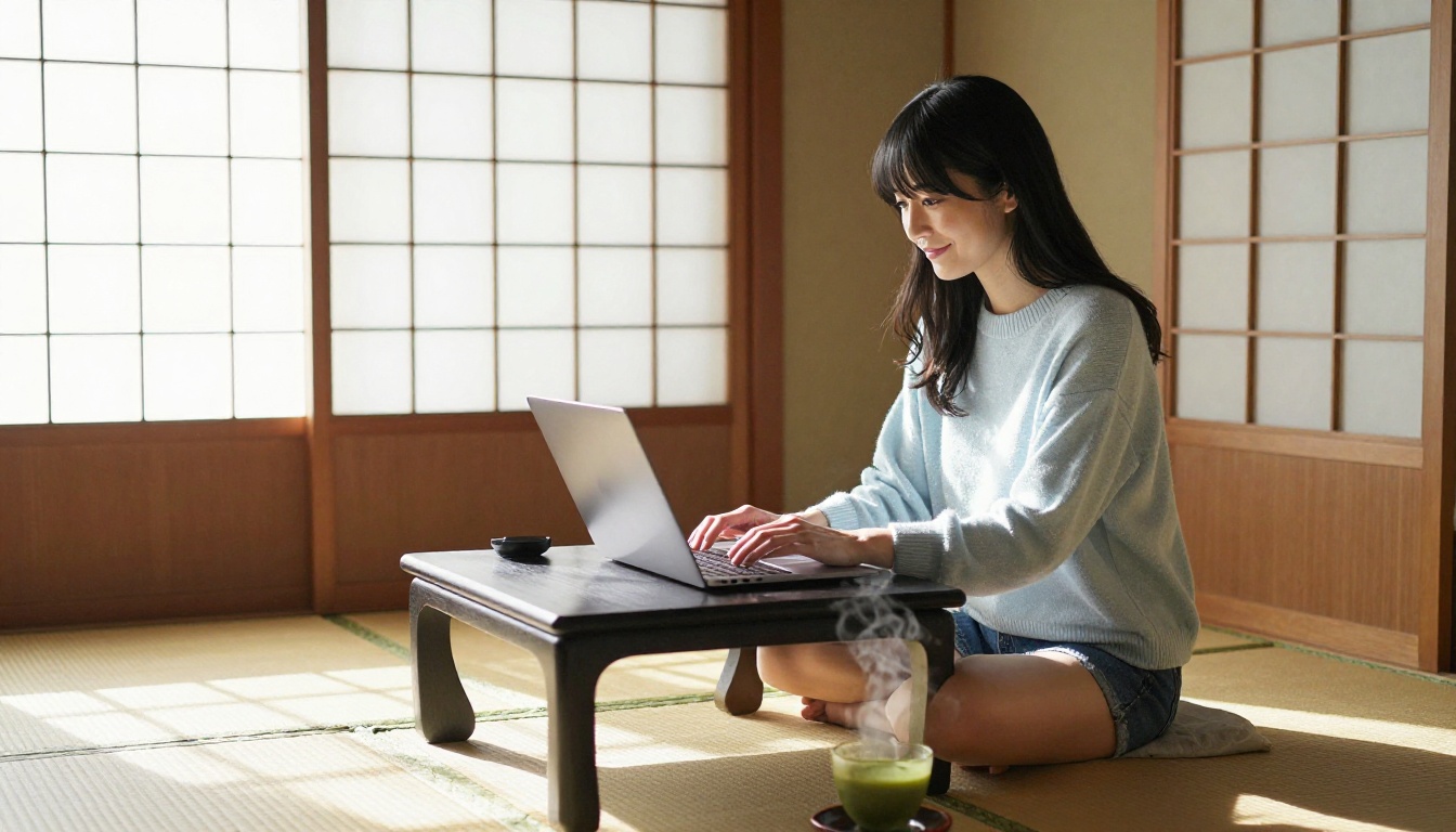 A Japanese woman in a Tokyo apartment typing on a laptop, shoji screen light patterns across tatami