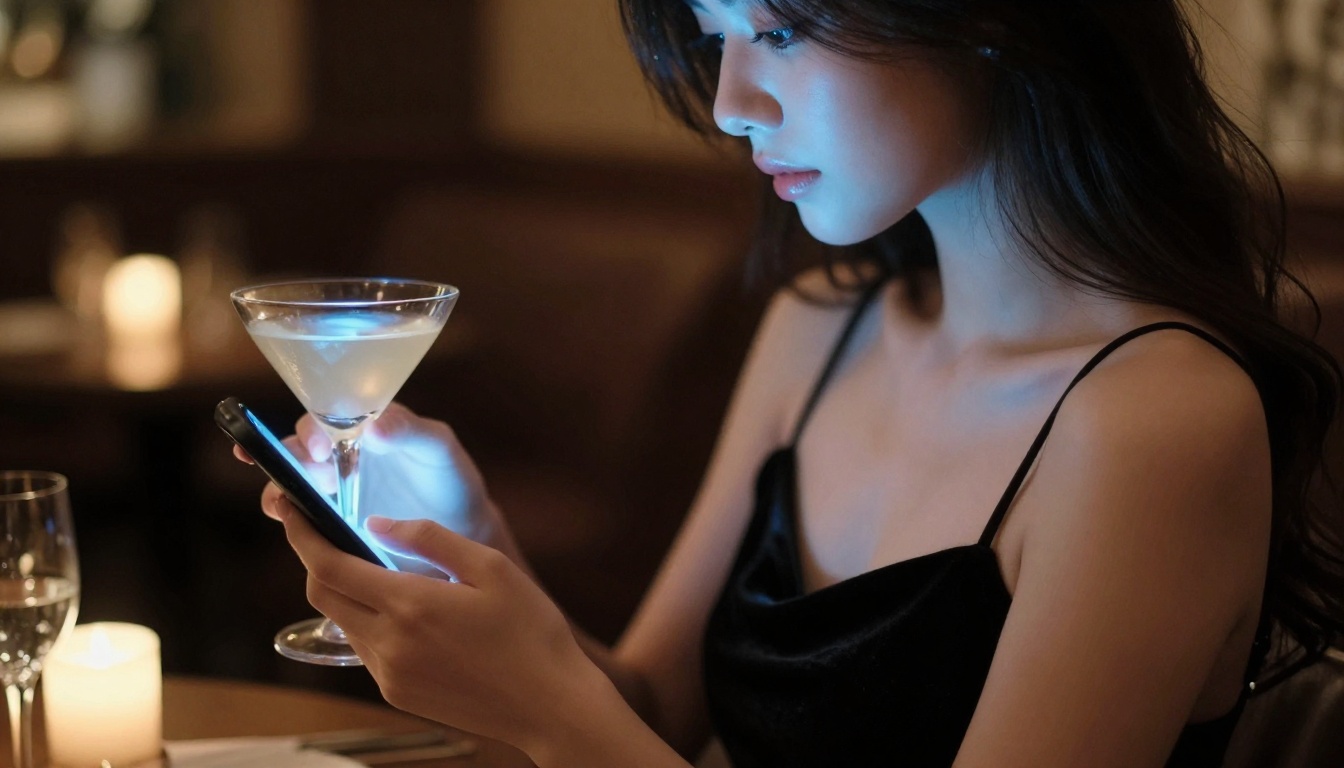 A woman in a black dress in a dimly lit lounge, phone glow on her jawline, sophisticated atmosphere