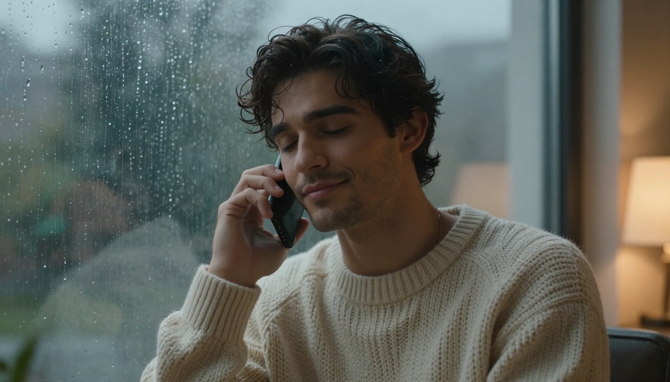 A handsome man in a cozy knit sweater holding his phone to his ear with eyes closed in a peaceful blissful expression
