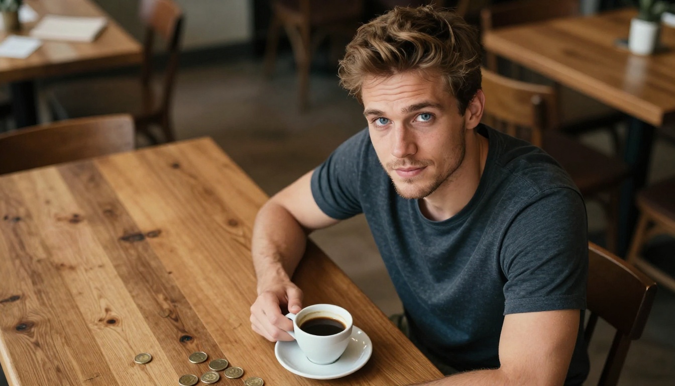 Attractive European man at a rustic café table looking up at the camera with a thoughtful confident expression