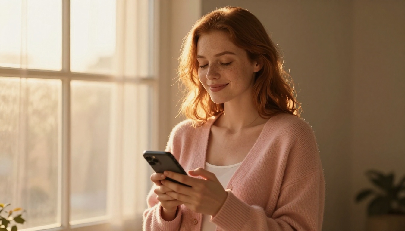 Beautiful woman with auburn hair holding her phone close to her chest with a blissful private smile, bathed in golden afternoon light