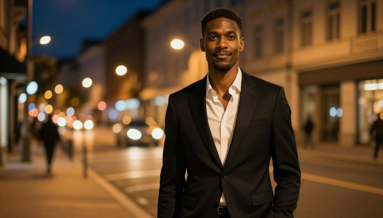 Charismatic man with dark brown skin wearing a black blazer standing on a city street at night with warm bokeh lights behind him