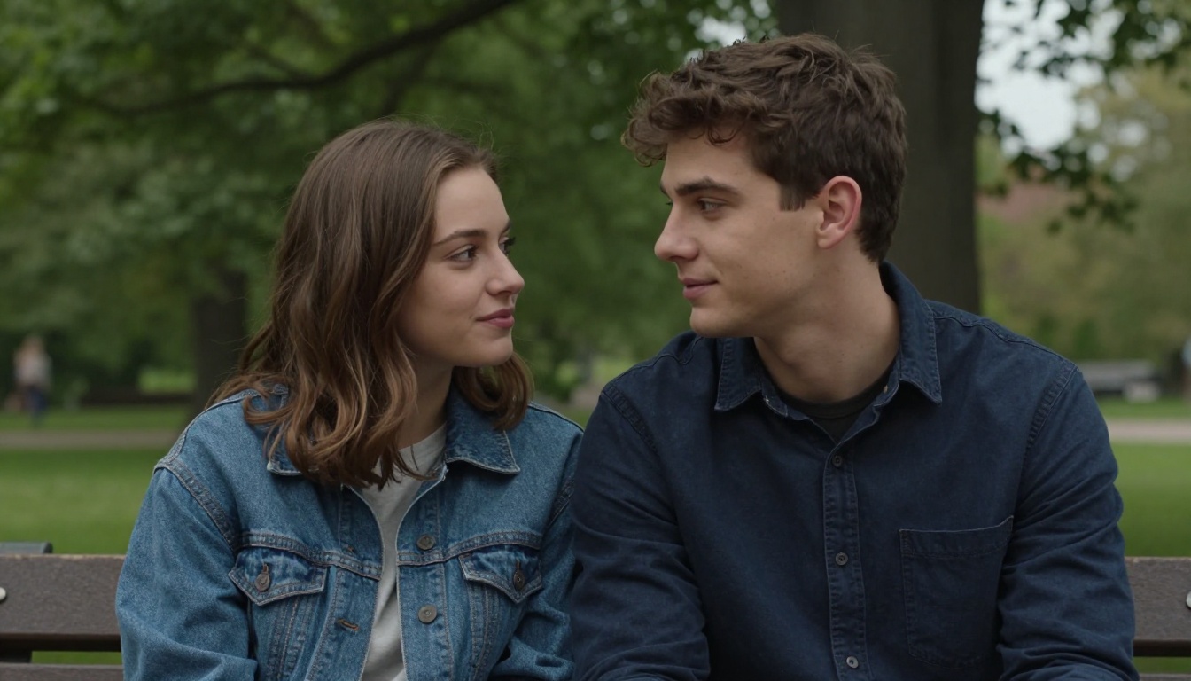 Young couple sitting close on a park bench in natural daylight, the man attentively listening with genuine warmth and care