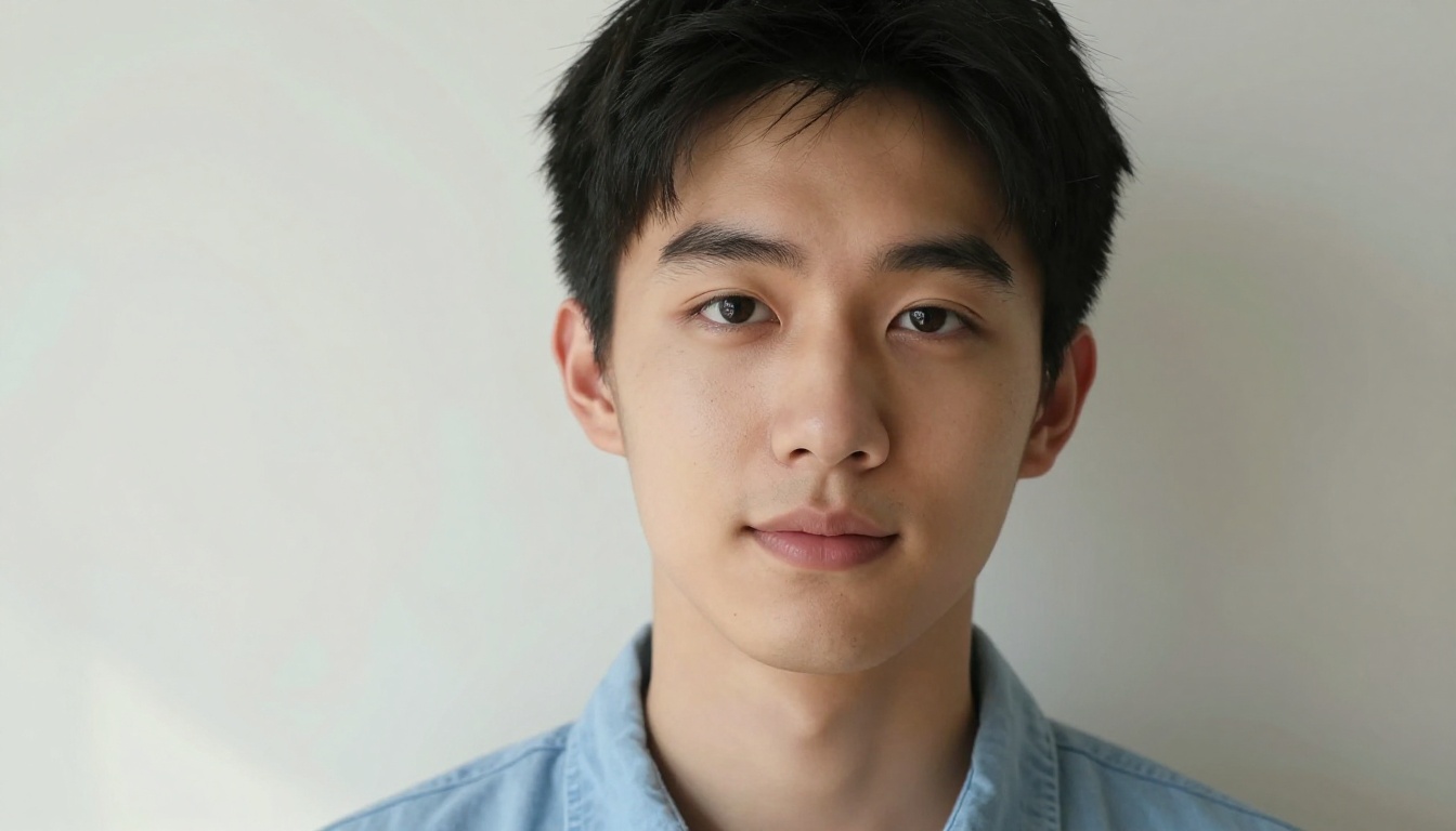 Attractive young Asian man in a light blue shirt with a gentle attentive expression and warm dark eyes