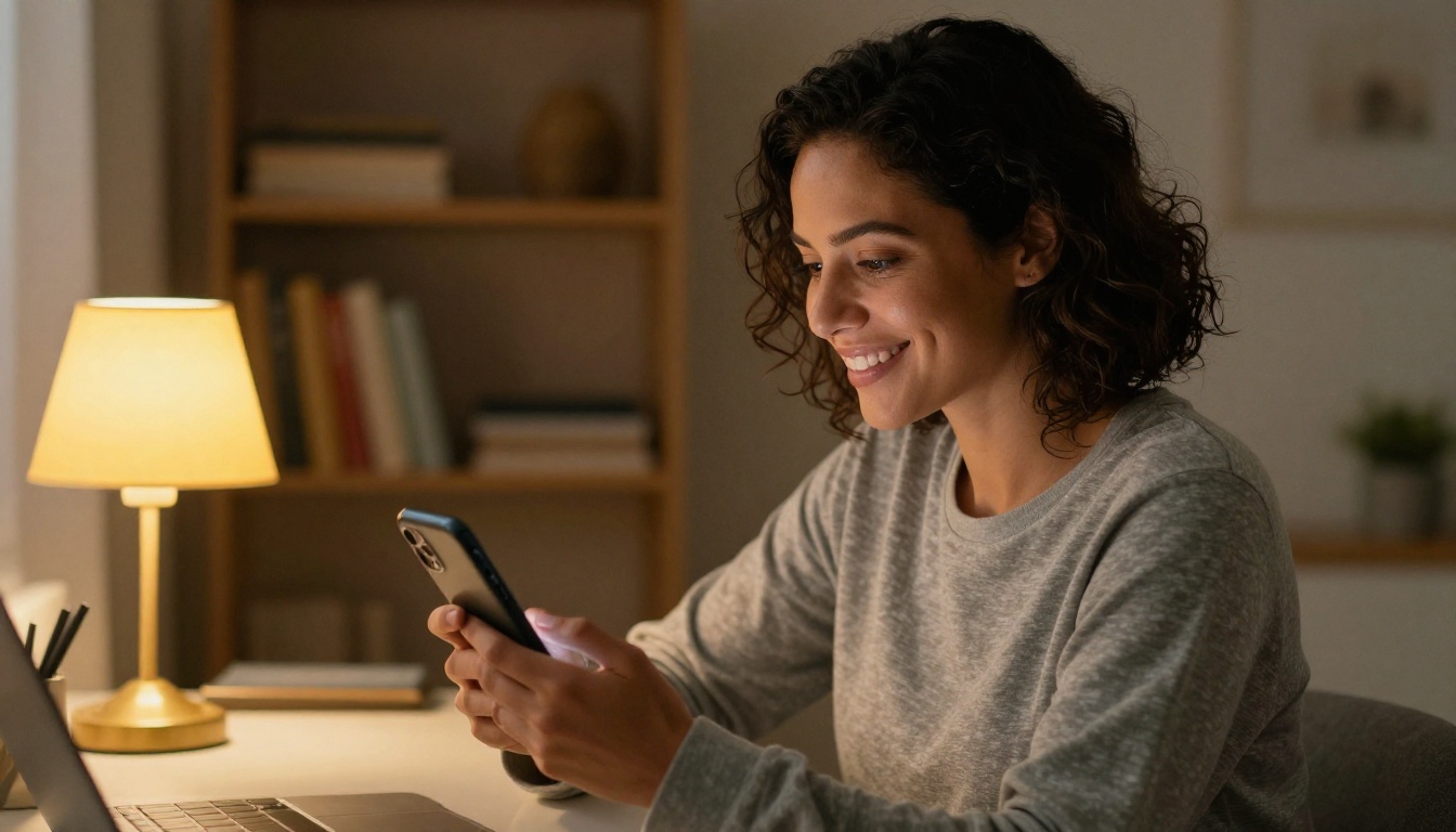 Latina woman with dark curly hair smiling warmly at her phone while sitting at a cozy home desk with warm lamp light