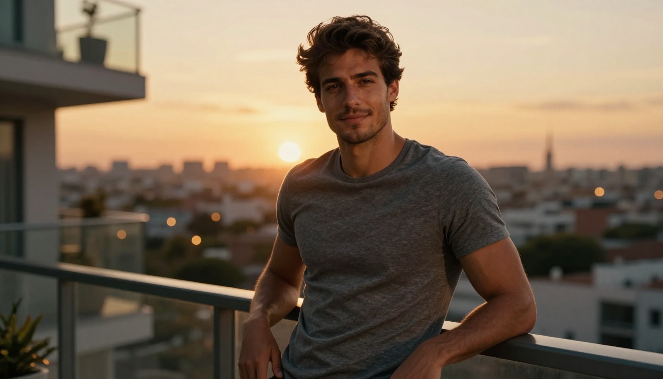 Handsome Mediterranean man leaning on a balcony railing at golden sunset with city bokeh lights behind him and a relaxed confident smile