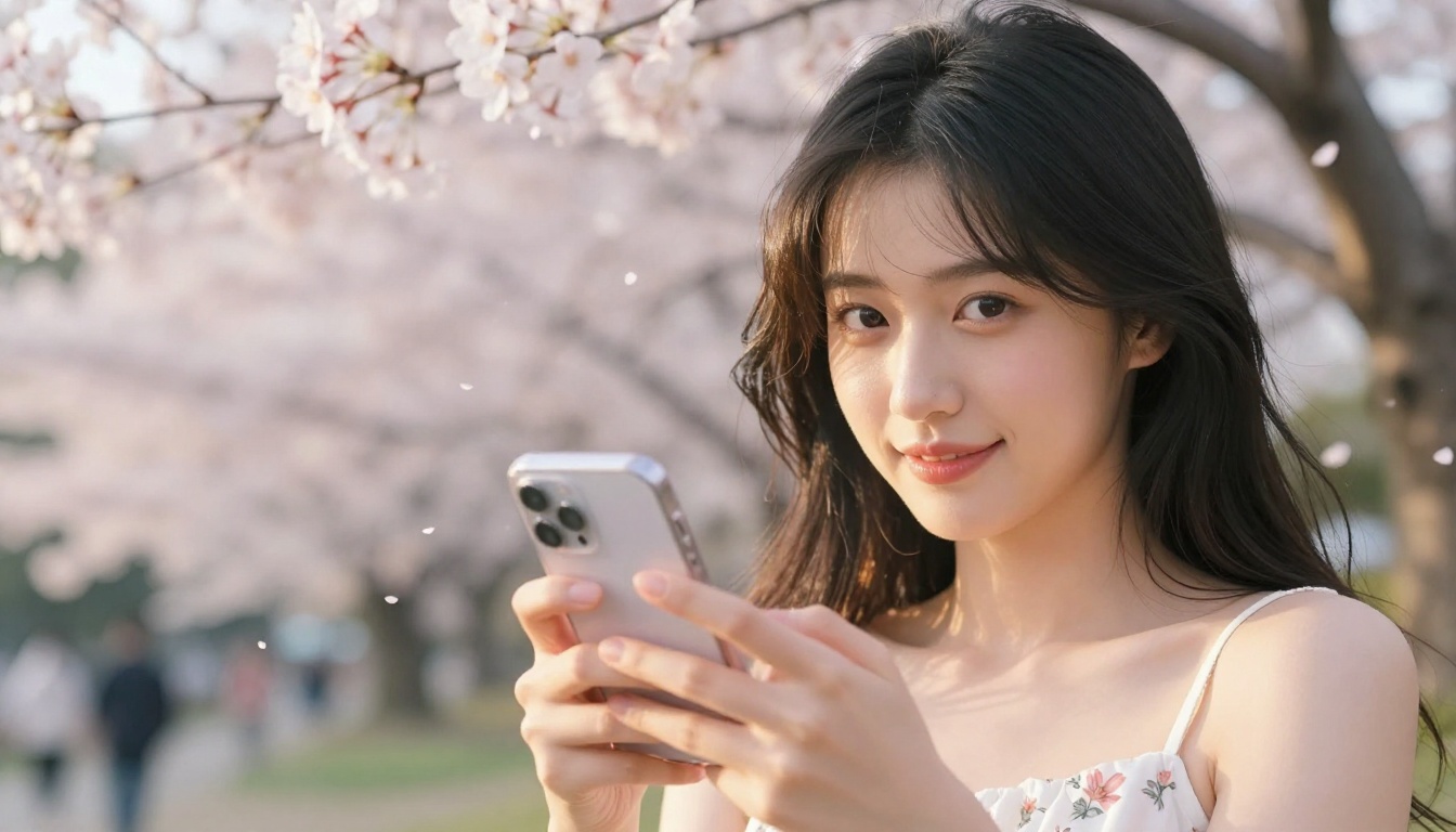 A beautiful Asian woman in a cherry blossom park, holding her phone mid-conversation, capturing the playful and immersive feel of AI roleplay