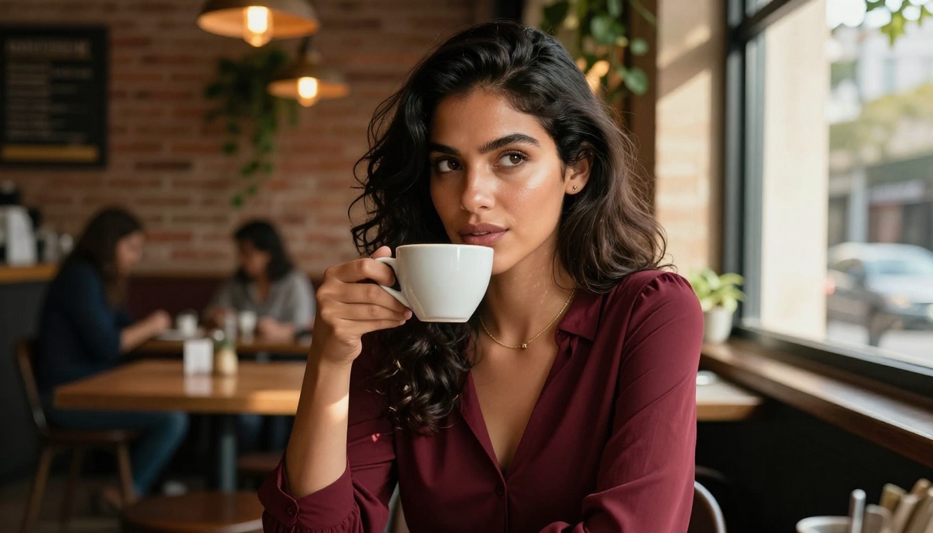 A confident Latina woman at a Buenos Aires café, expressive and engaging, representing the diverse character range available for roleplay