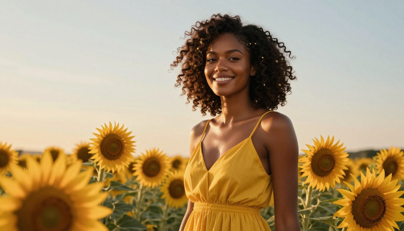 A radiant Black woman in a sunflower field at golden hour, warm and joyful, embodying the meaningful emotional connections possible through AI companionship