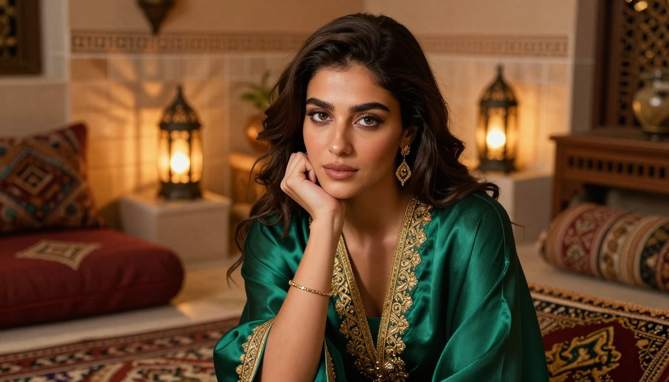 A beautiful Middle Eastern woman in a Moroccan-inspired interior, mysterious and alluring, representing the rich cultural diversity of Private Crush characters