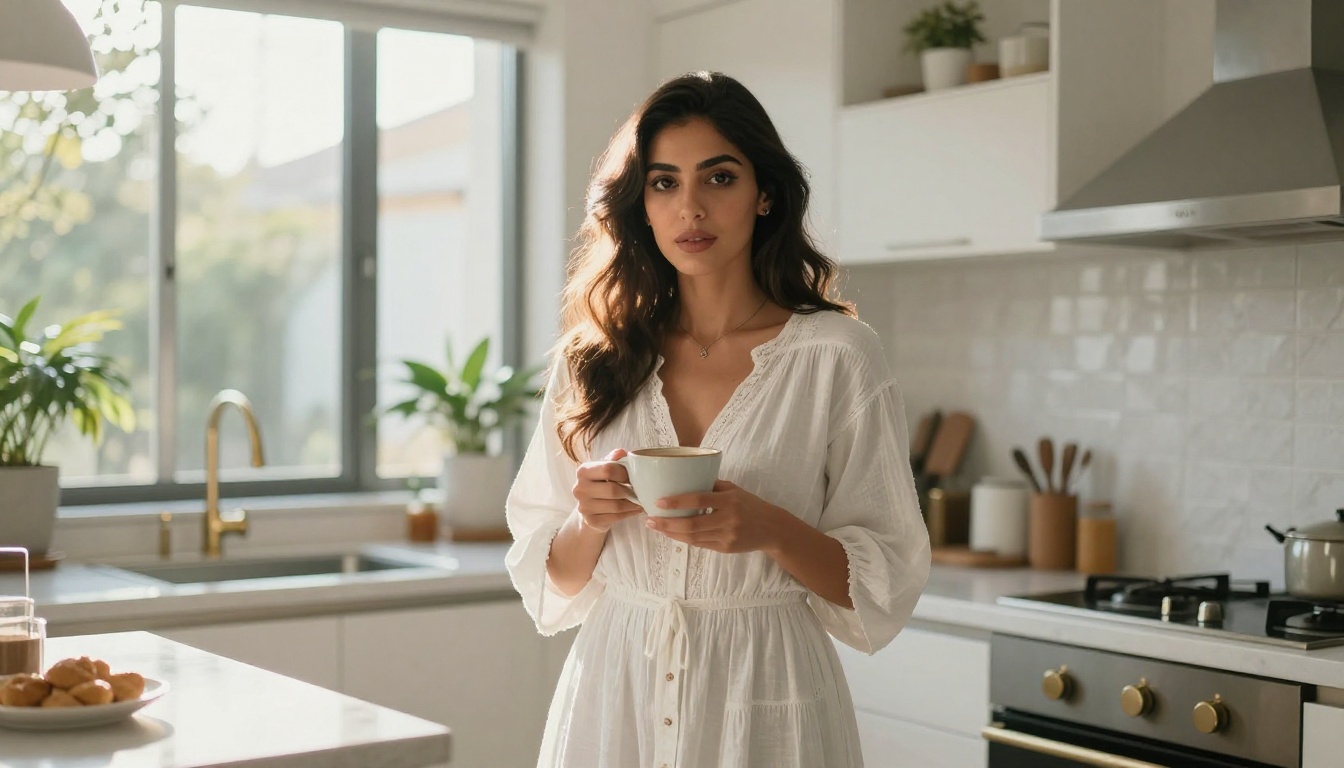 Beautiful Middle Eastern woman in white sundress in sunlit modern kitchen
