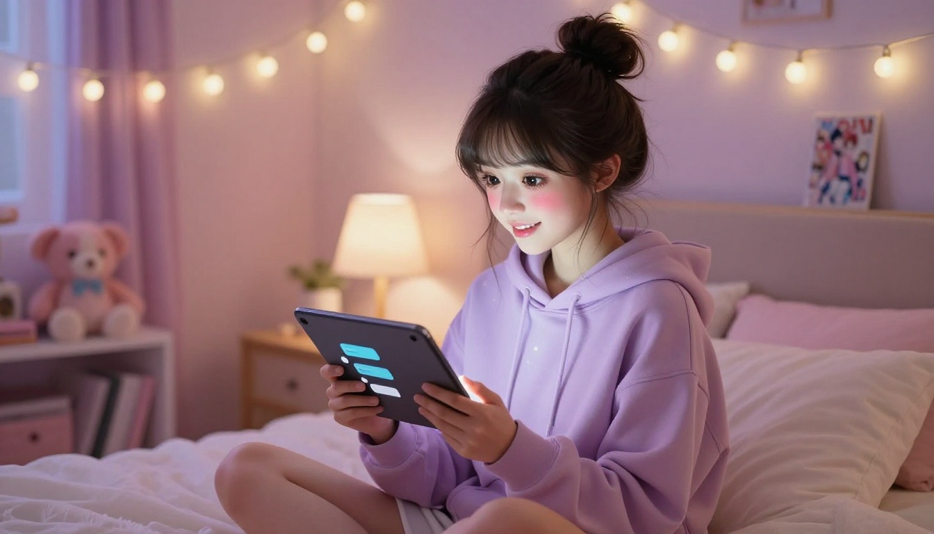 A woman with soft anime-inspired features reading an AI chat on her tablet in a cozy pastel bedroom, capturing the intimate and immersive feel of custom AI roleplay