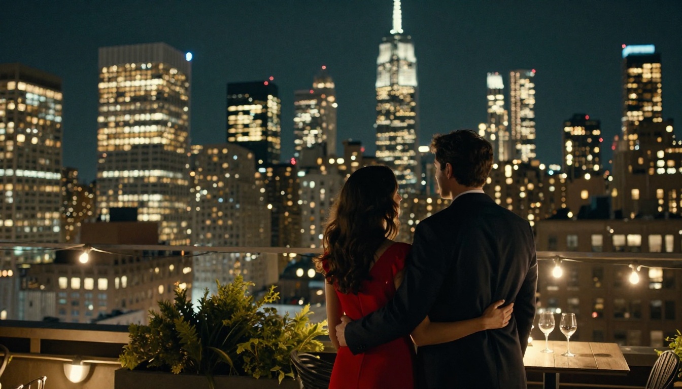 A romantic couple silhouetted on a New York City rooftop at night, looking over the glittering skyline, capturing the cinematic potential of AI-powered romantic scenarios