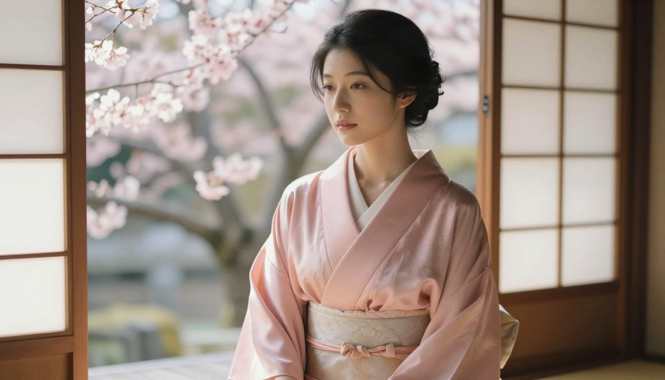 Beautiful Japanese woman in blush pink silk kimono robe beside cherry blossoms