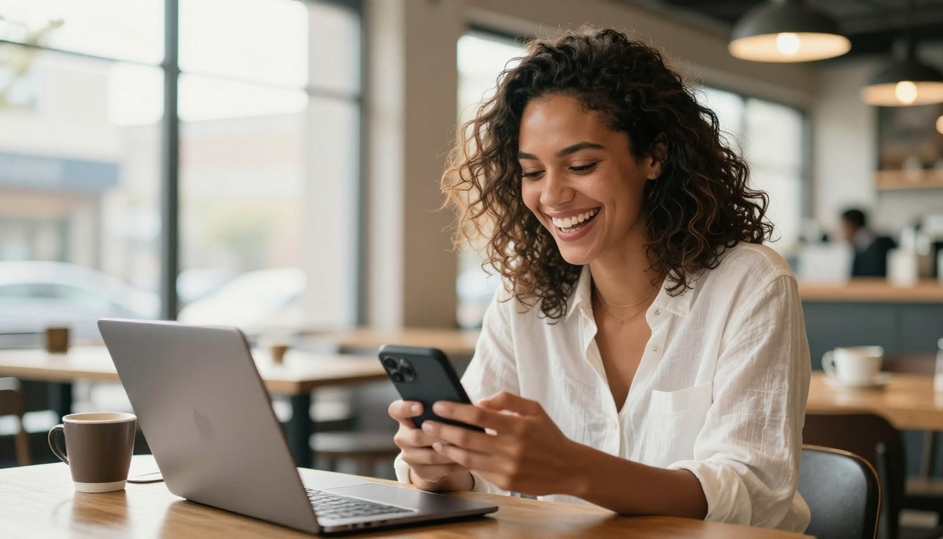 A woman laughing freely at her phone in a sunlit coffee shop, experiencing genuine joy and connection