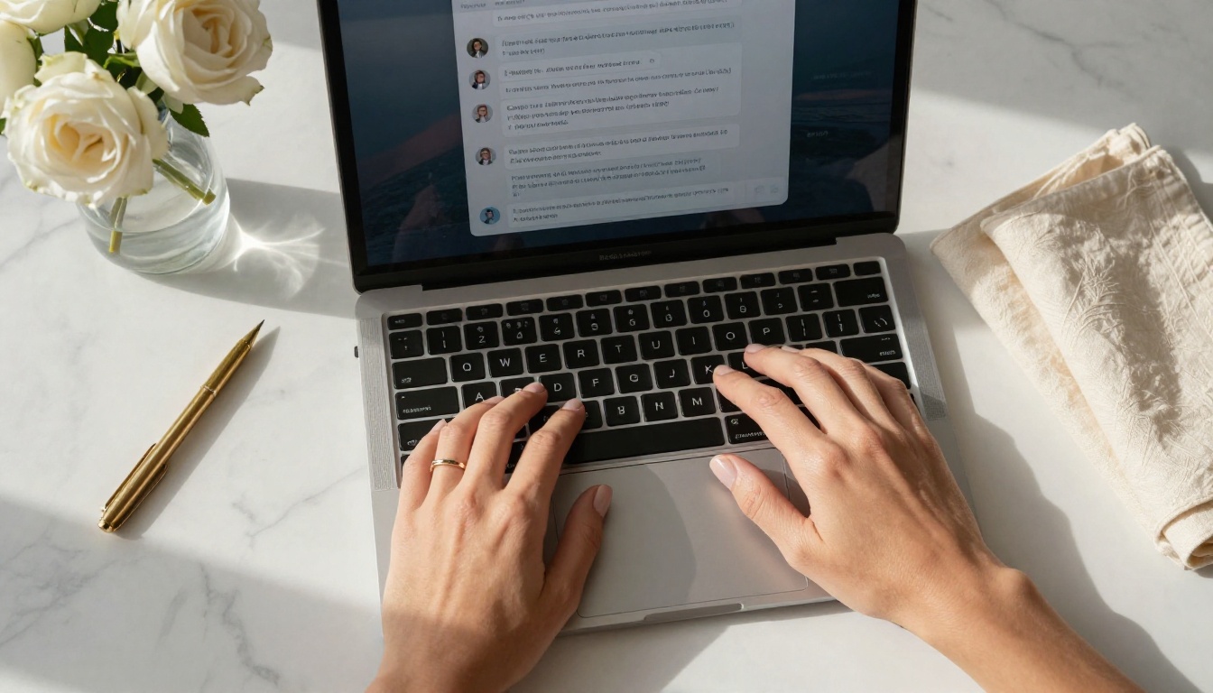 Elegant hands typing a new AI roleplay scenario on a marble desk, representing the creative power and freedom of writing with an uncensored AI platform