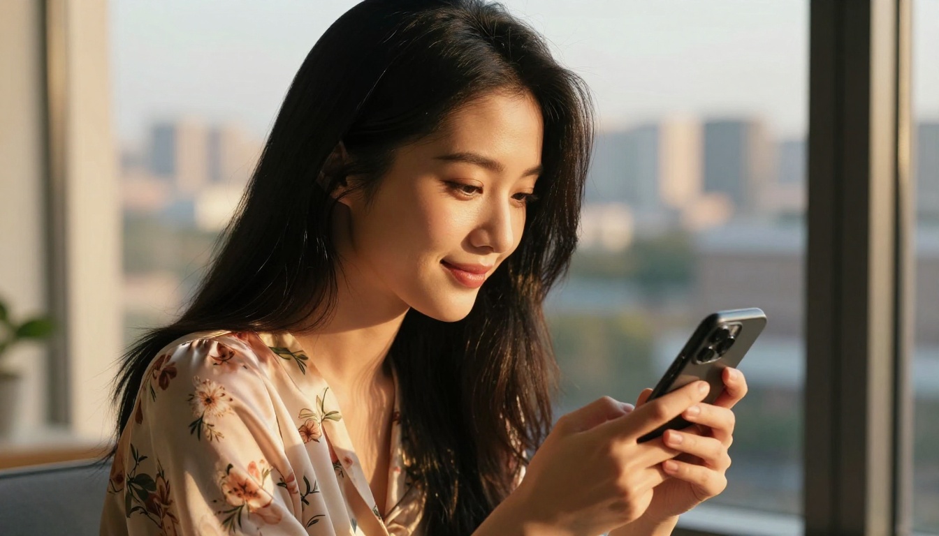Stunning Asian woman typing on her phone by a golden hour window, absorbed and smiling