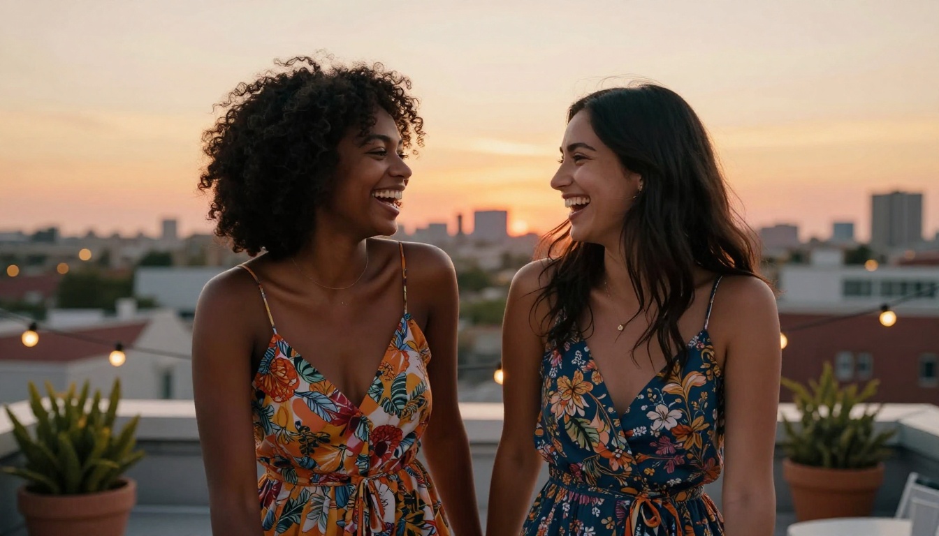 Two diverse beautiful women laughing together at golden hour rooftop terrace