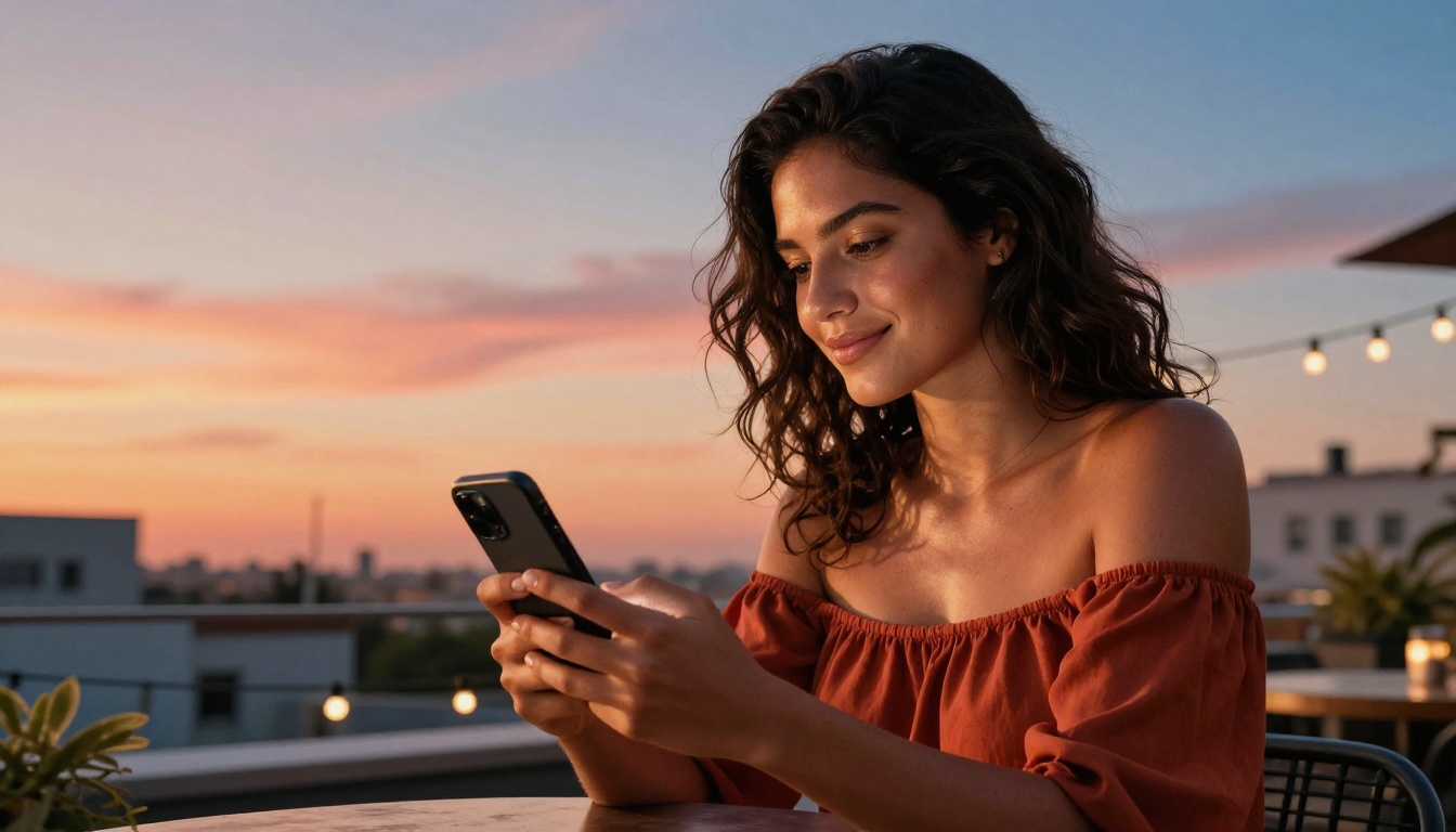 Radiant Latina woman at a rooftop cafe at sunset, gazing dreamily at her phone