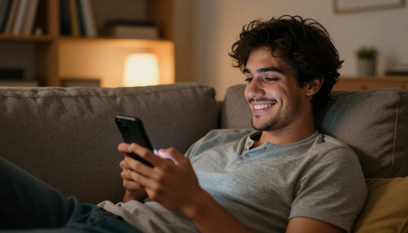 Handsome man lying on a sofa reading messages with a warm, genuine smile