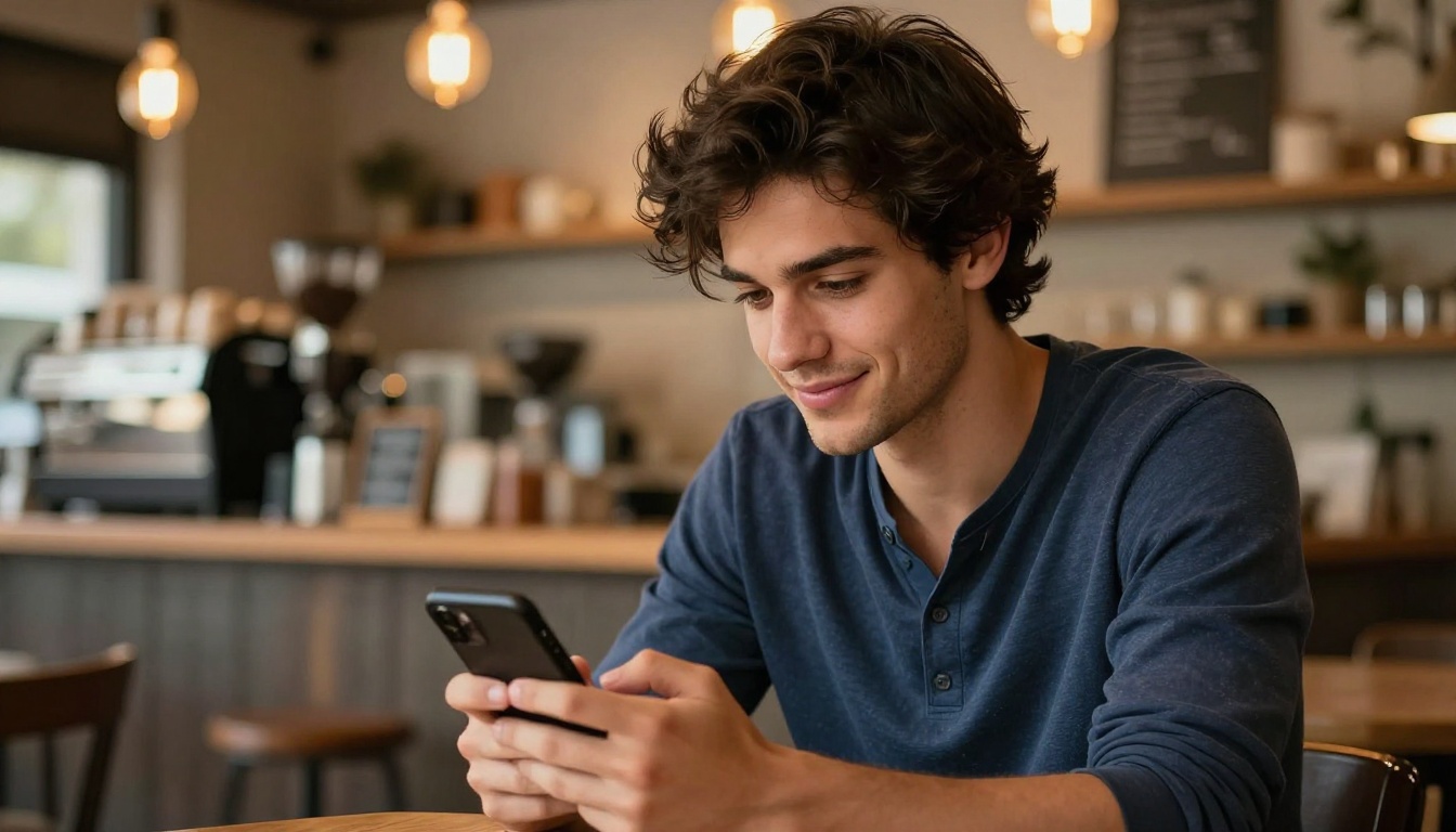 Man sitting in a cozy café, smiling warmly at his smartphone, amber Edison bulb lighting, romantic digital connection