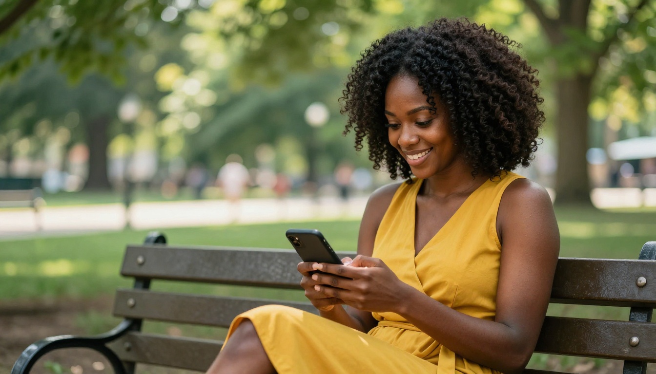 Beautiful African-American woman in a sunny park, smiling brightly at her phone