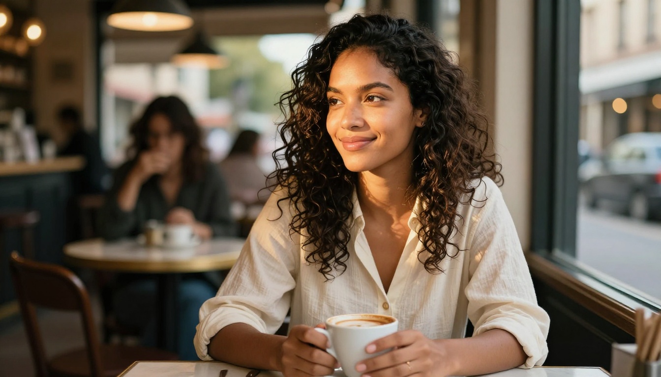 A Latina companion in a warm café setting representing approachable personality styles