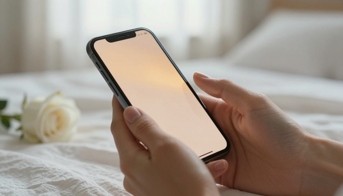 Close-up of elegant feminine hands holding a sleek smartphone, warm morning light, soft white linen background, intimate and personal