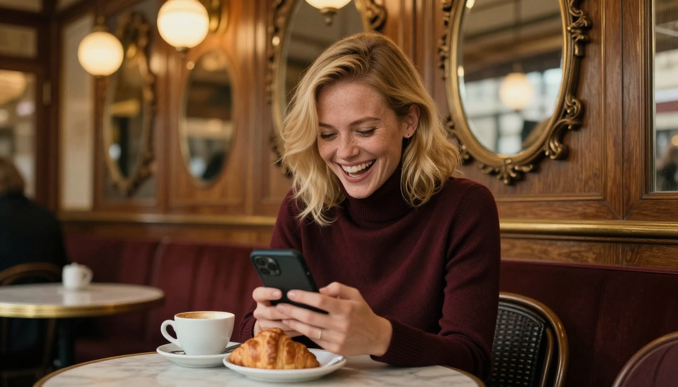 Elegant European woman laughing openly at her phone in a warm Parisian cafe
