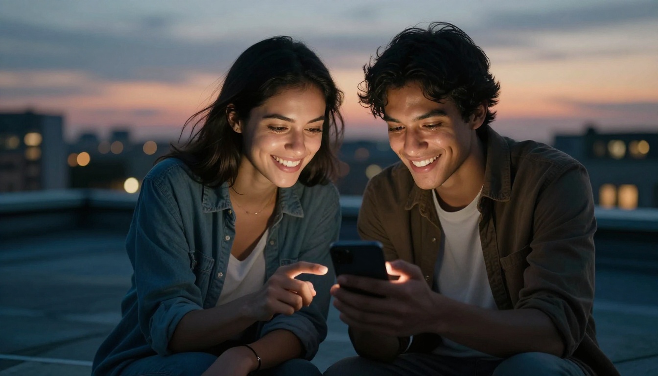 Two young adults of mixed ethnicities sharing a phone screen on a rooftop at dusk, both smiling warmly