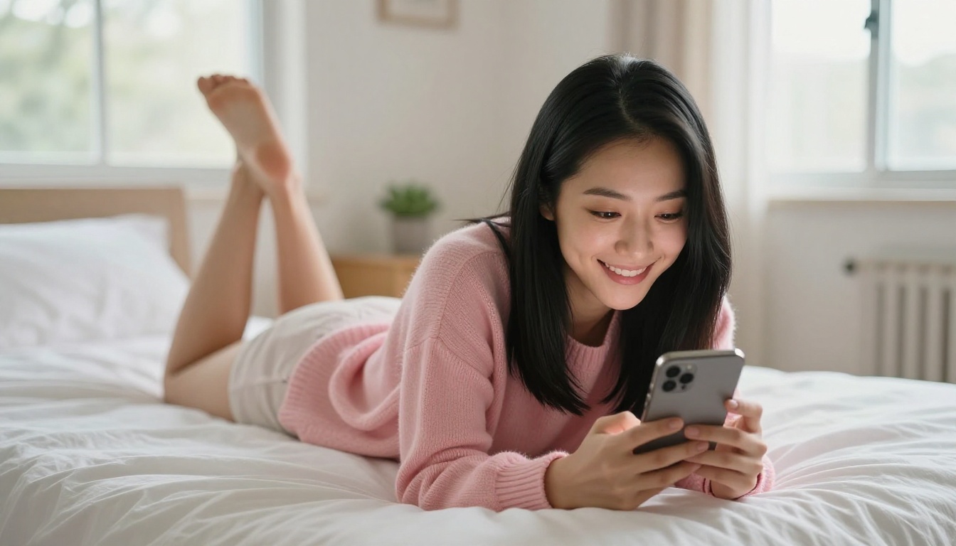 Asian woman lying on a plush white bed, holding her phone, smiling playfully, warm afternoon diffused light