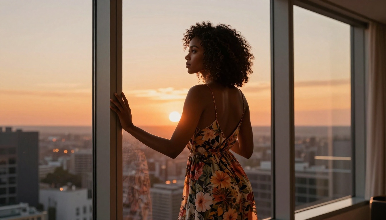 A Black companion at a golden hour window representing freedom and openness in AI relationships