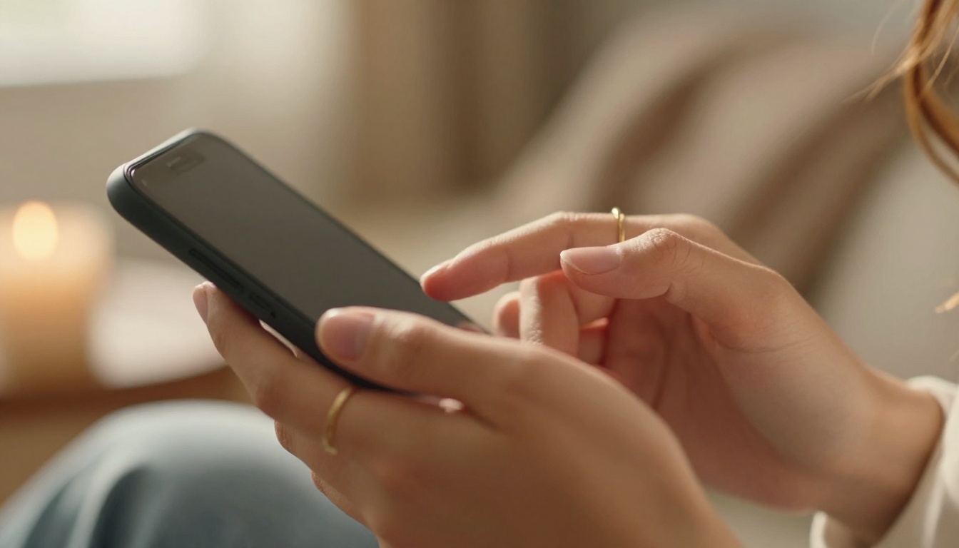 Close-up of a woman's hands holding a smartphone in warm afternoon light, typing a message