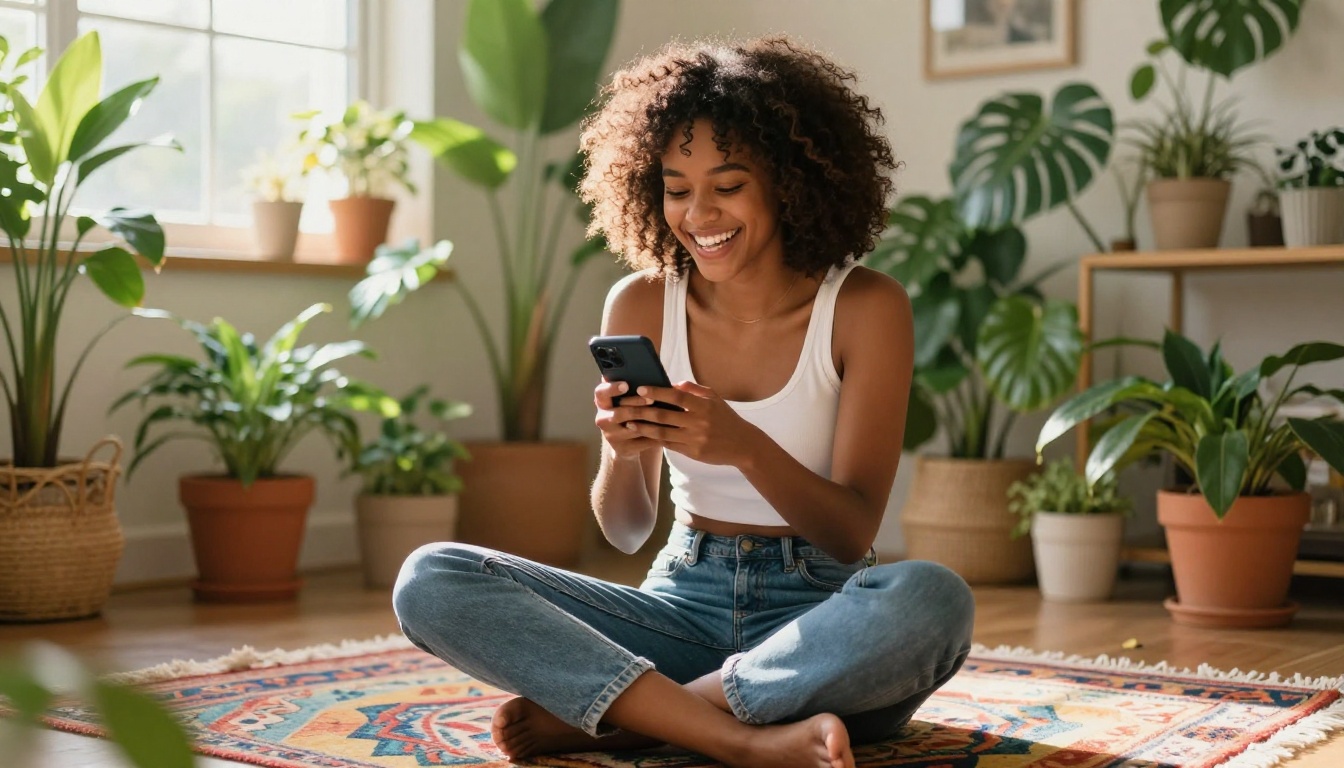 African American woman with natural curly hair laughing at her phone, sitting on a bohemian rug, vibrant plant-filled apartment, warm sunlight from left