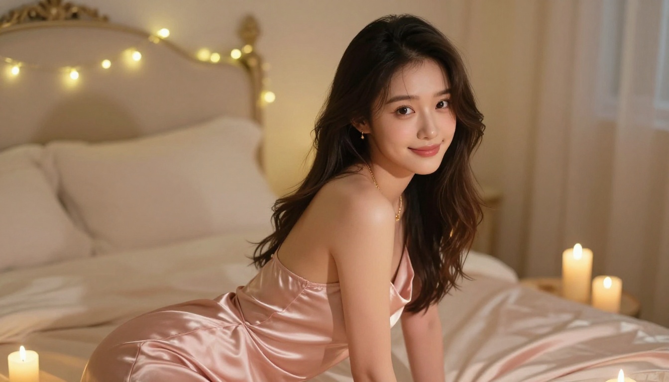 A romantic East Asian companion in a candlelit bedroom representing intimate AI girlfriend interactions