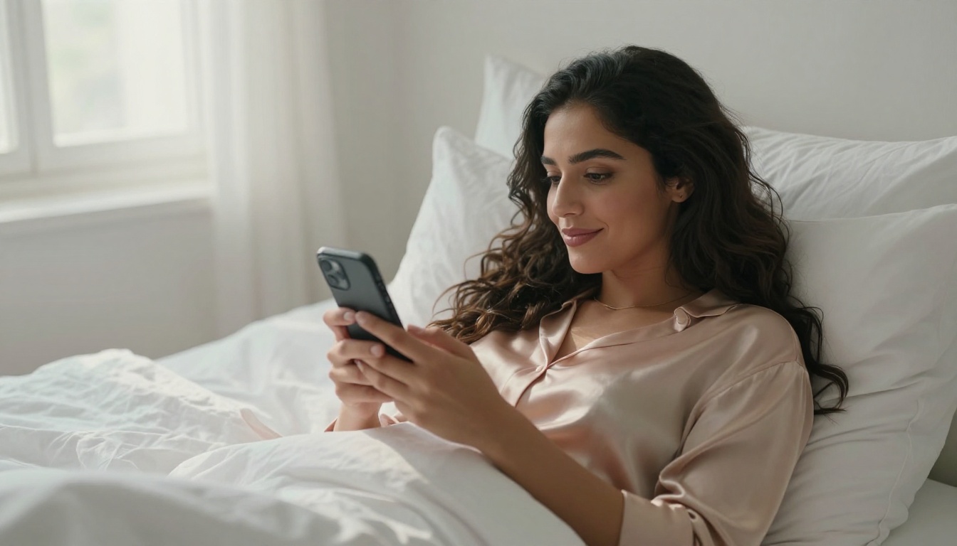 Beautiful Middle Eastern woman lying on white linen pillows, reading her phone with a content dreamy smile
