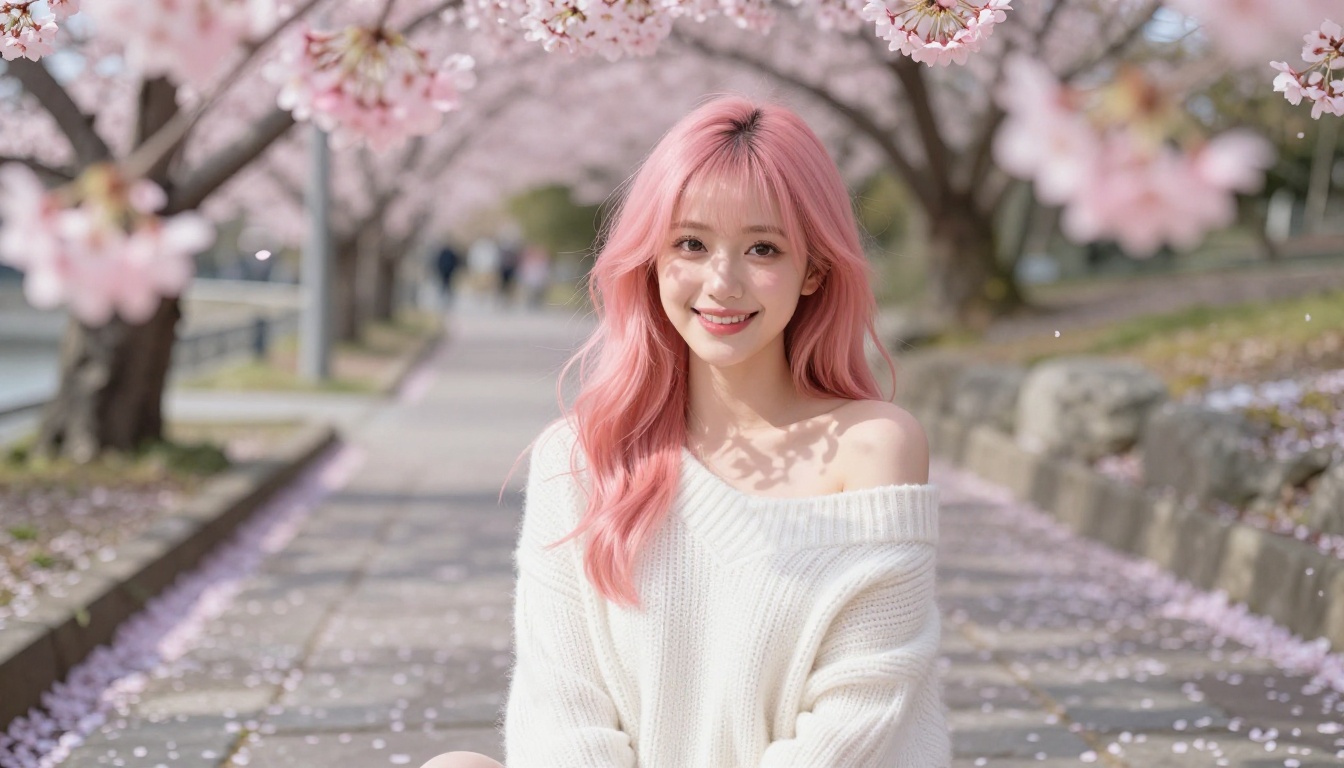 A pastel-haired companion in a Japanese sakura garden representing anime-style AI girlfriend customization