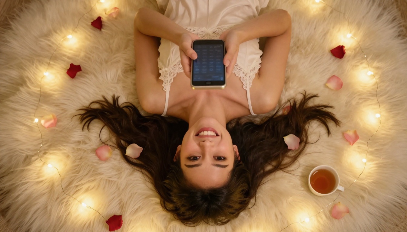Young woman lying on ivory fur rug surrounded by rose petals, holding phone above her face, warm fairy lights, dreamy romantic atmosphere