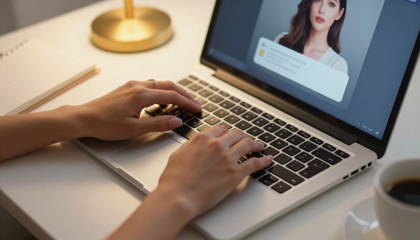 Hands typing on a laptop representing the digital AI companion chat experience