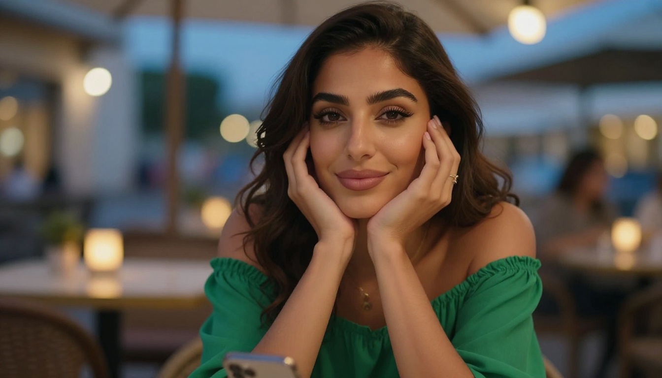Middle Eastern woman at an outdoor café terrace at dusk, twilight city lights glowing behind her, warm golden café light, elegant and romantic expression