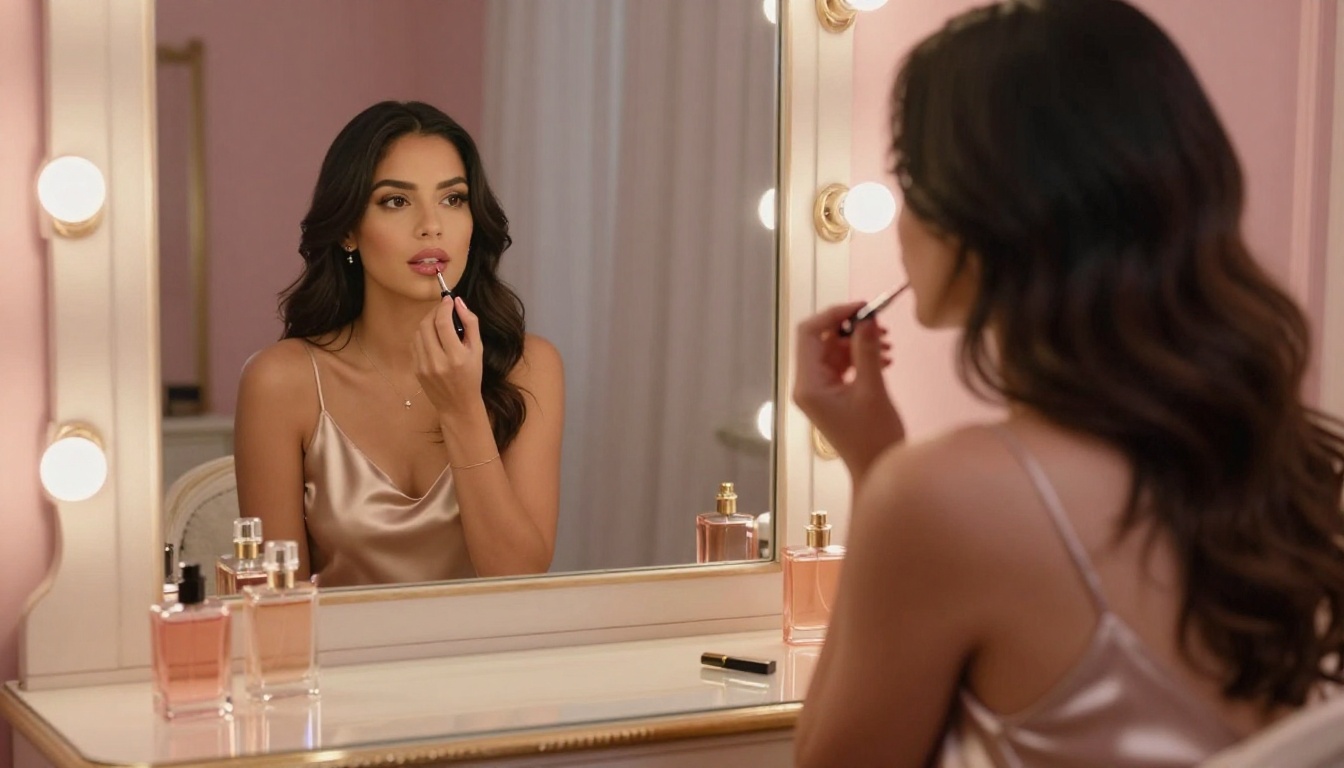 A Latina companion at a vanity mirror representing the elegance and intimacy of a personalized AI girlfriend