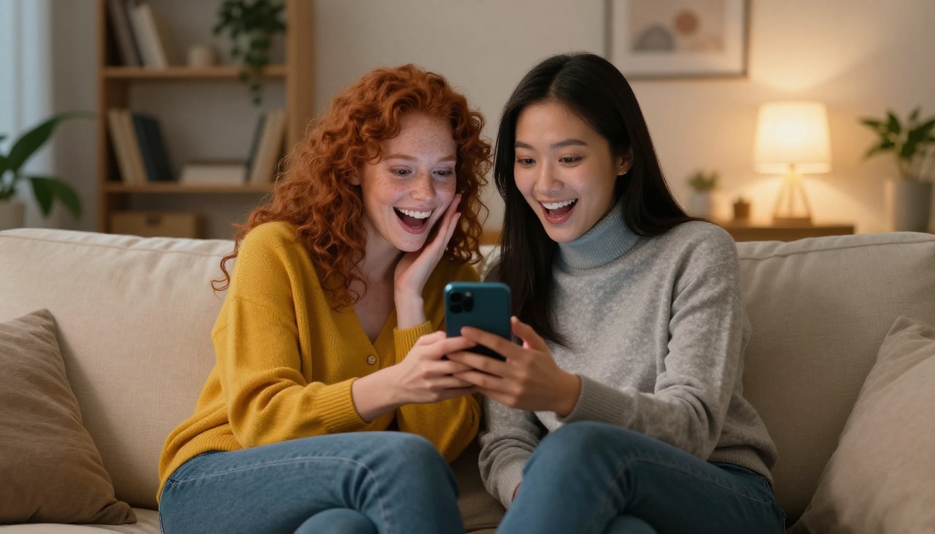 Two women friends on a cream sofa sharing a phone screen, one redhead and one East Asian, laughing and reacting with delight, cozy warm evening lamp light