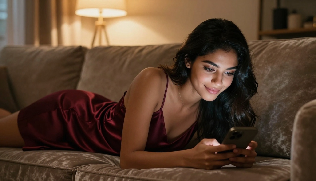 A young Latina woman with long dark hair lying on a velvet sofa, looking at her phone with a soft smile, warm amber evening light, 50mm lens, Kodak Portra film grain A young Latina woman with long dark hair lying on a velvet sofa, looking at her phone with a soft smile, warm amber evening light, 50mm lens, Kodak Portra film grain