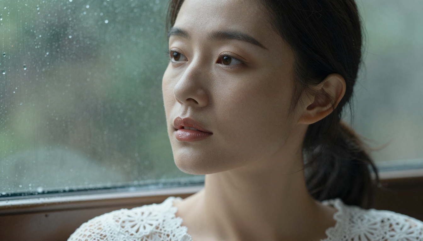 Close-up portrait of an elegant Asian woman with porcelain skin, wearing white lace, seated by a rain-speckled window, soft overcast light, 85mm macro lens, ultra-shallow depth of field Close-up portrait of an elegant Asian woman with porcelain skin, wearing white lace, seated by a rain-speckled window, soft overcast light, 85mm macro lens, ultra-shallow depth of field